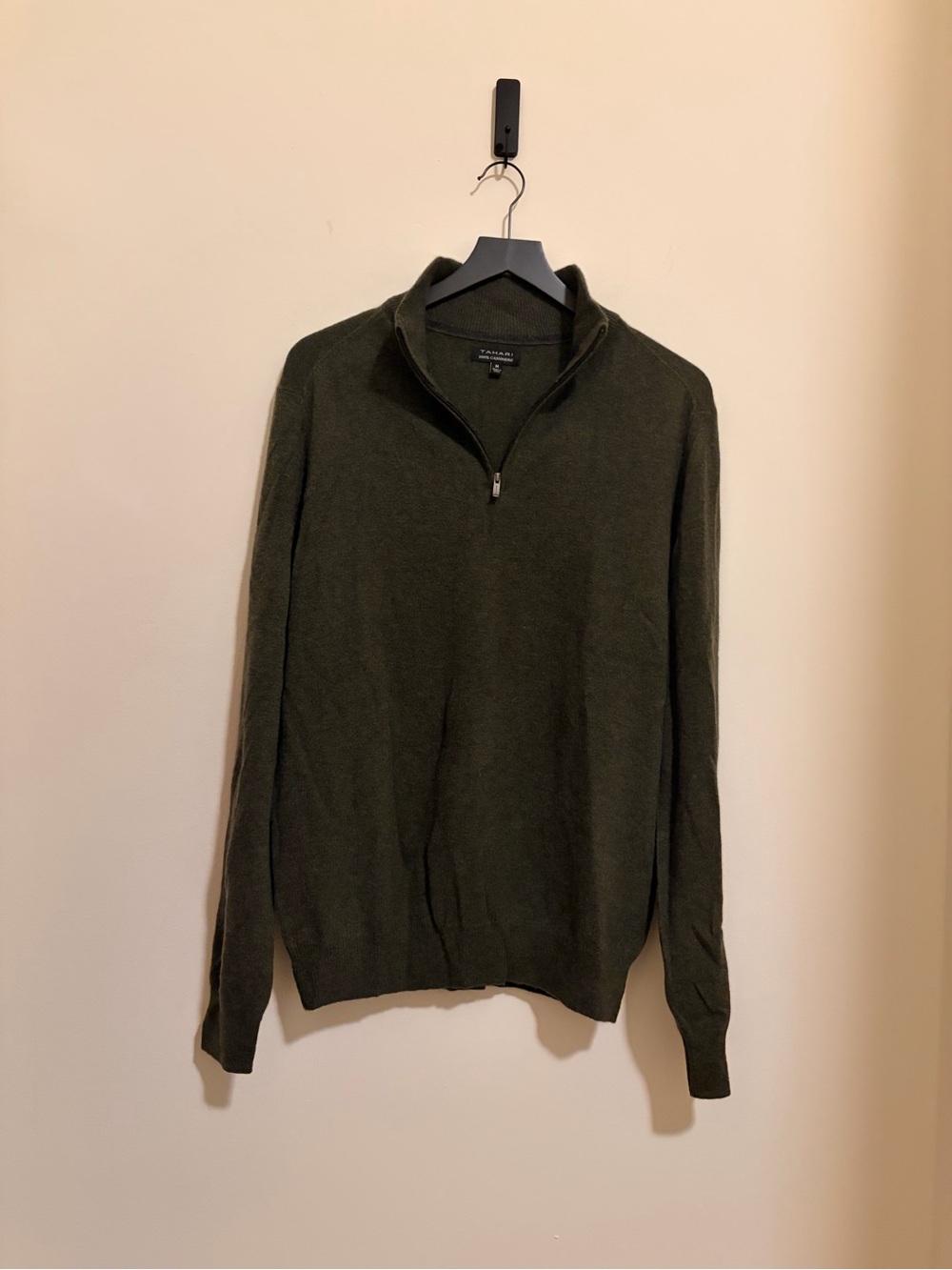 Tahari Men's Olive Green Cashmere Qtr-Zip Sweater